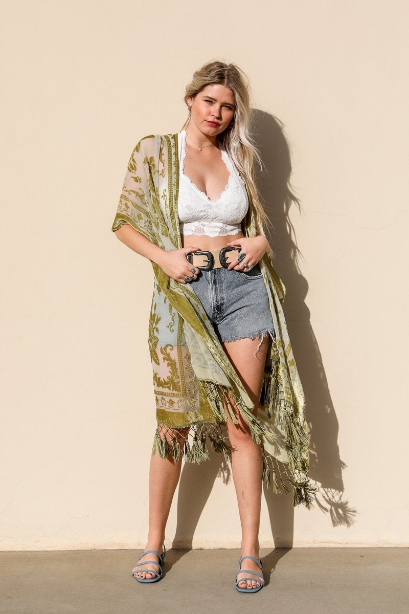 Soft Velvet Burnout Kimono with Tapestry Pattern and Tassel