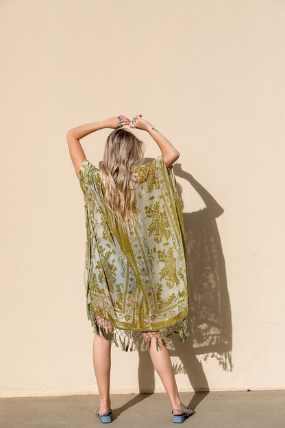 Soft Velvet Burnout Kimono with Tapestry Pattern and Tassel