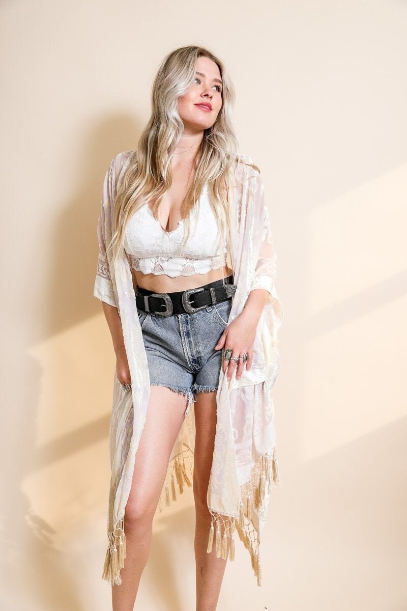 Soft Velvet Burnout Kimono with Tapestry Pattern and Tassel