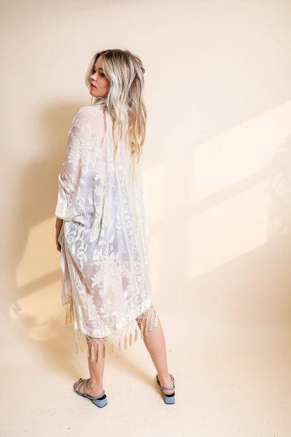 Soft Velvet Burnout Kimono with Tapestry Pattern and Tassel