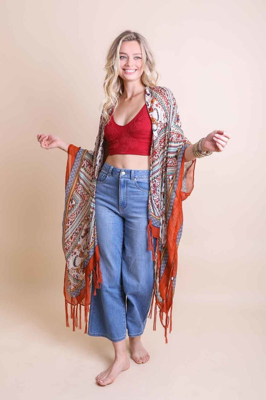 Boho Orange Tassel Kimono Duster