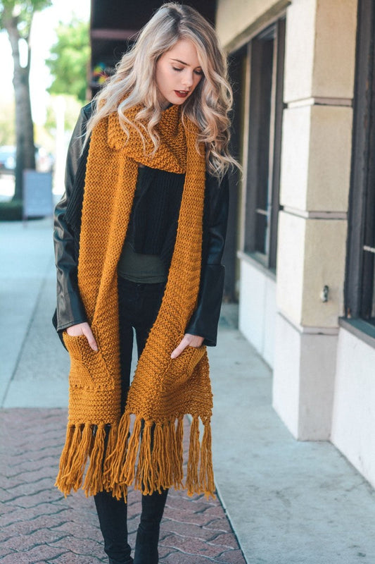 Mustard Yellow Long Knit Scarf with Pockets