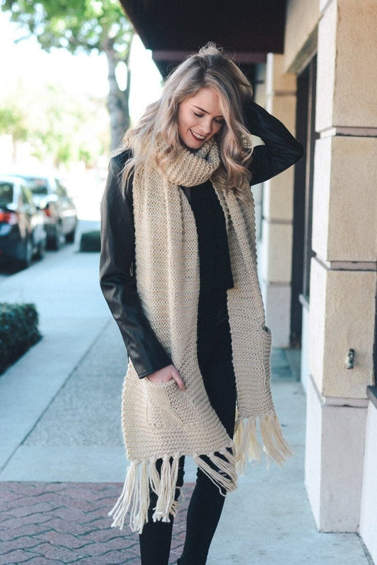 Winter Long Knit Scarf with Pockets Ivory Beige