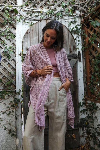 Black Lace Kimono Duster with Crochet Floral Lace