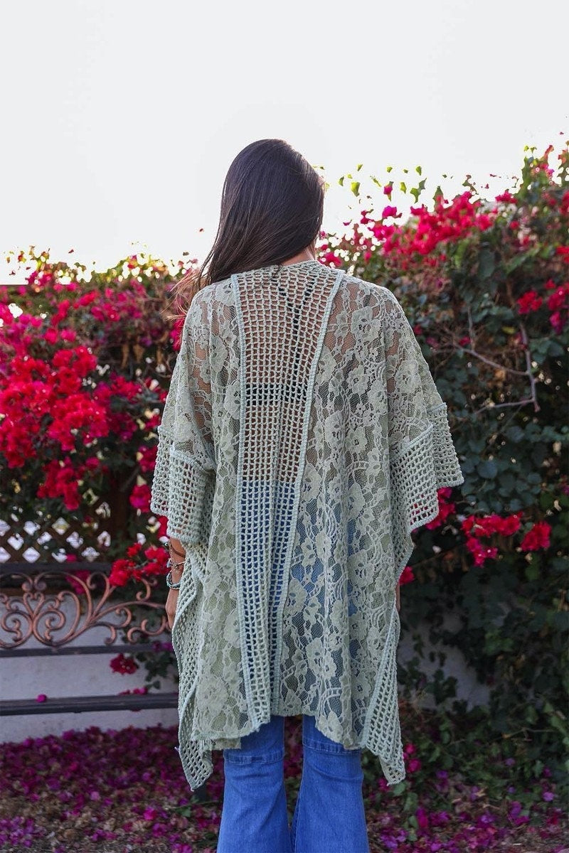 Lace Kimono Duster with Crochet Floral Sage Green Lace Pattern Beach Cover Up