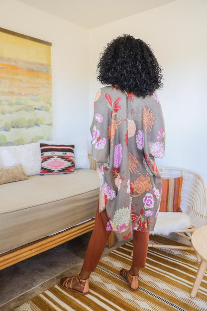 Flowy Spring Summer Kimono Duster with Floral Leaf Print