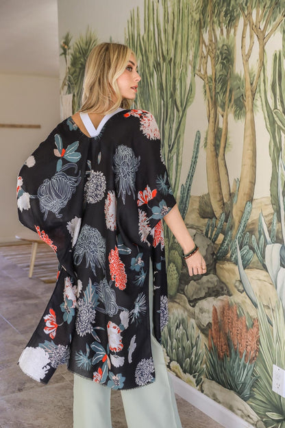Black Beach Cover Up Lightweight Kimono Duster with Floral Leaf Print