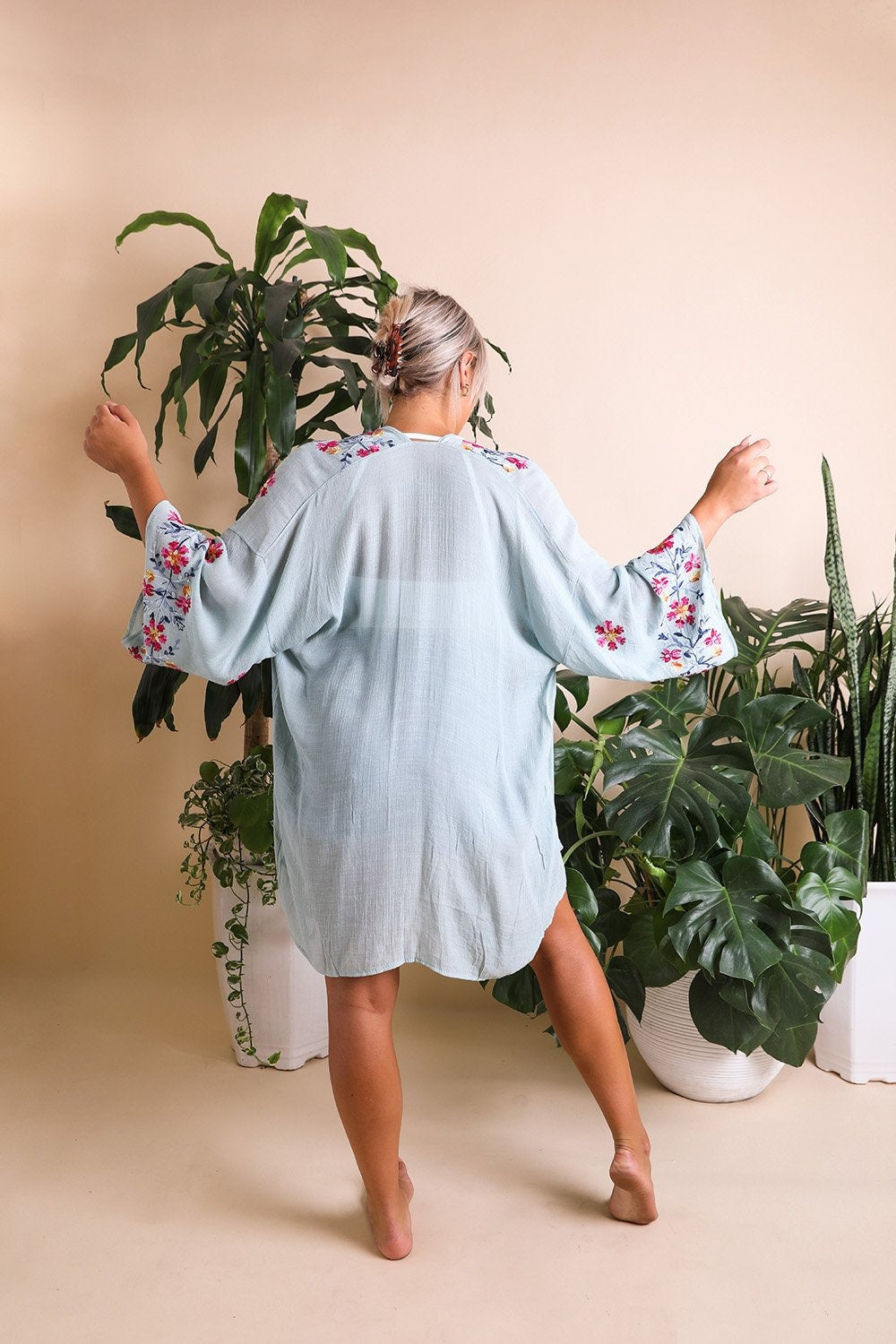 Floral Embroidered Kimono, Spring Floral Embroidered Kimonos in Aqua Sage Color