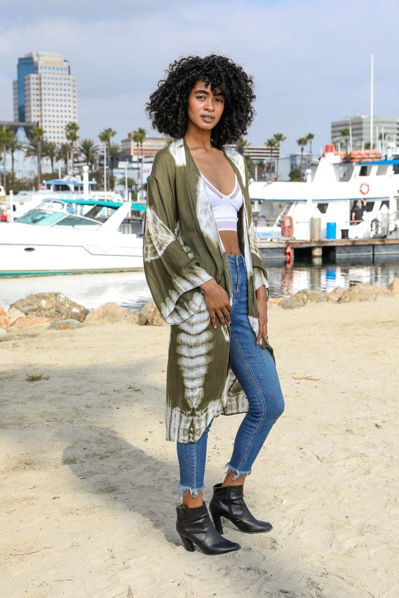 Olive Tie Dye Long Kimono Duster