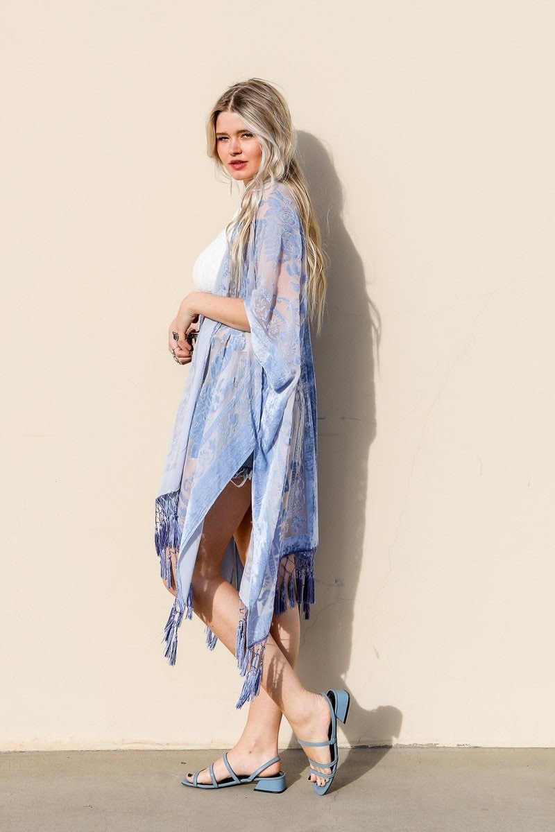 Velvet Burnout Kimono with Tapestry Pattern and Tassel