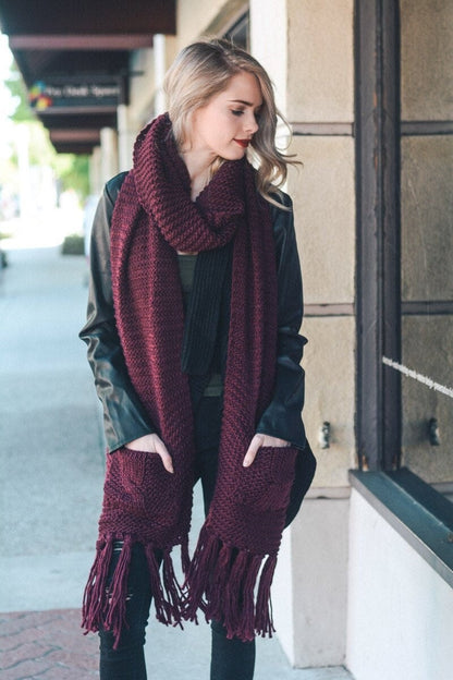 Two Pockets Knitted Scarf, Long Tassel Scarves in Burgundy Red