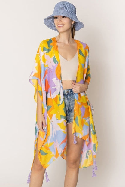 Lavender Floral Print Tassel Kimono