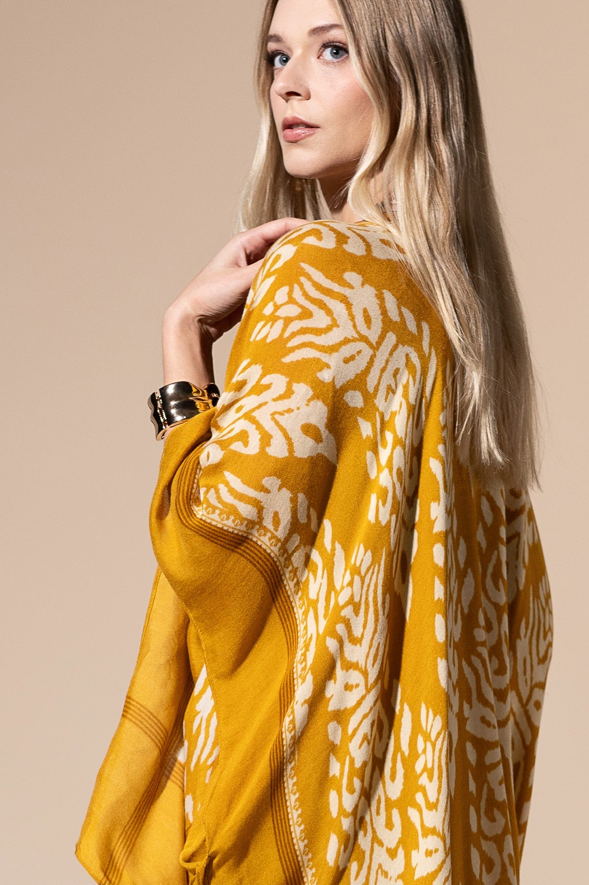 Mustard Yellow Long Kimono Duster with Damask Print