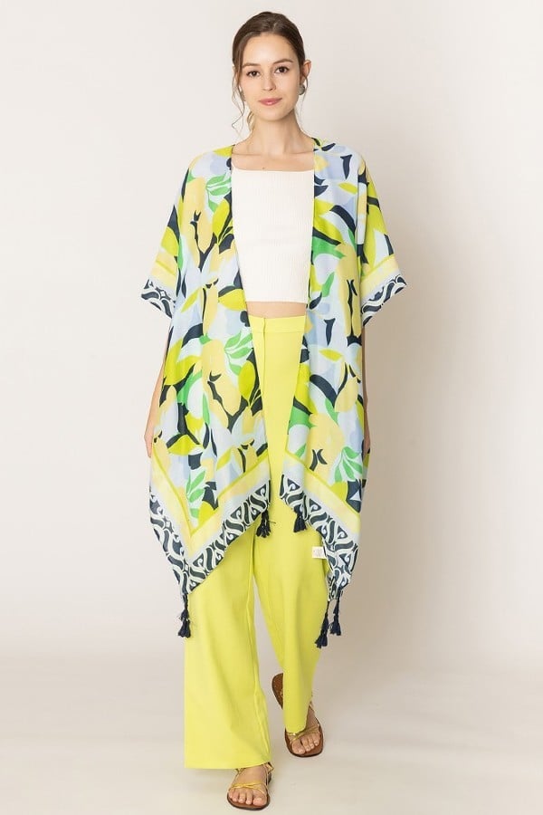 Lemon and Floral Print Kimono Poncho