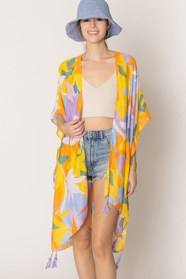 Lavender Floral Print Tassel Kimono