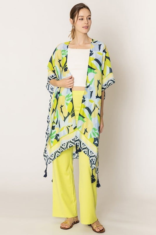 Lemon and Floral Print Kimono Poncho