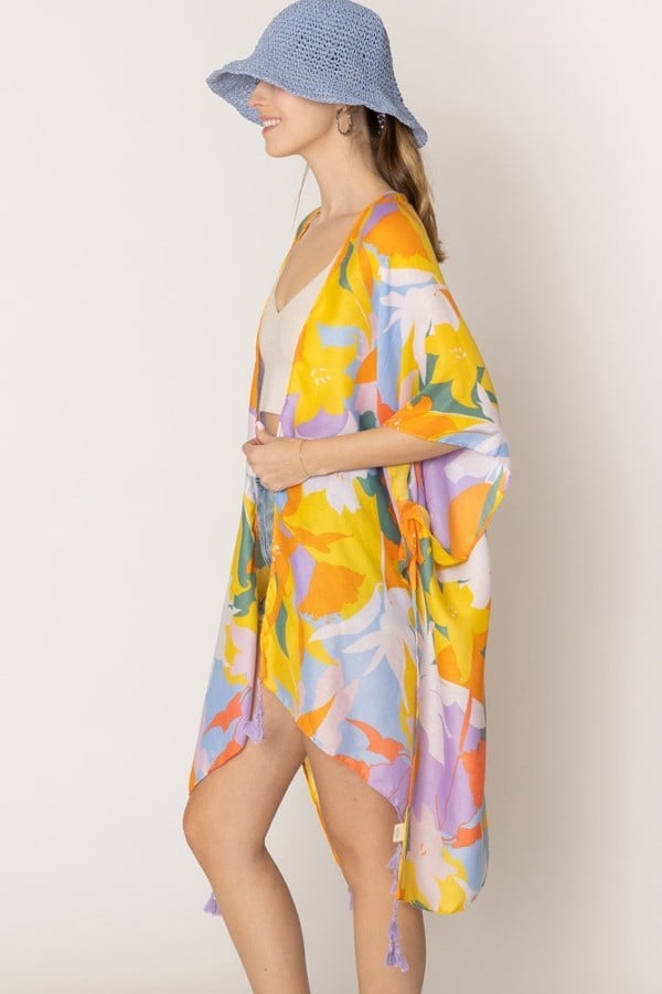 Lavender Floral Print Tassel Kimono