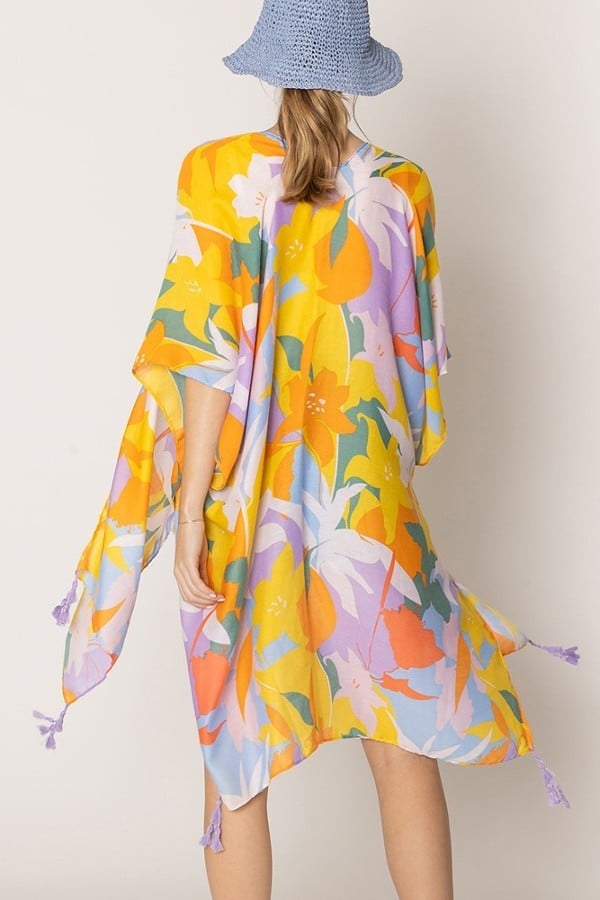 Lavender Floral Print Tassel Kimono