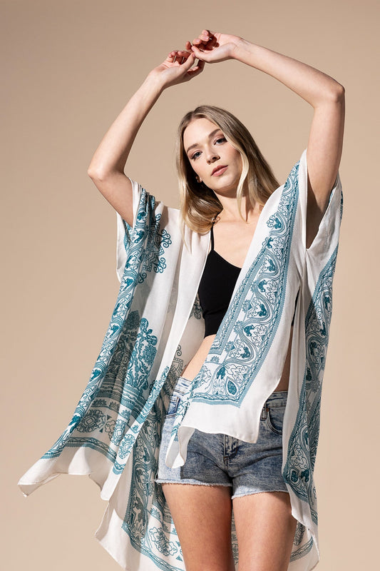 Semi-sheer woven kimono in teal green and mandala pattern