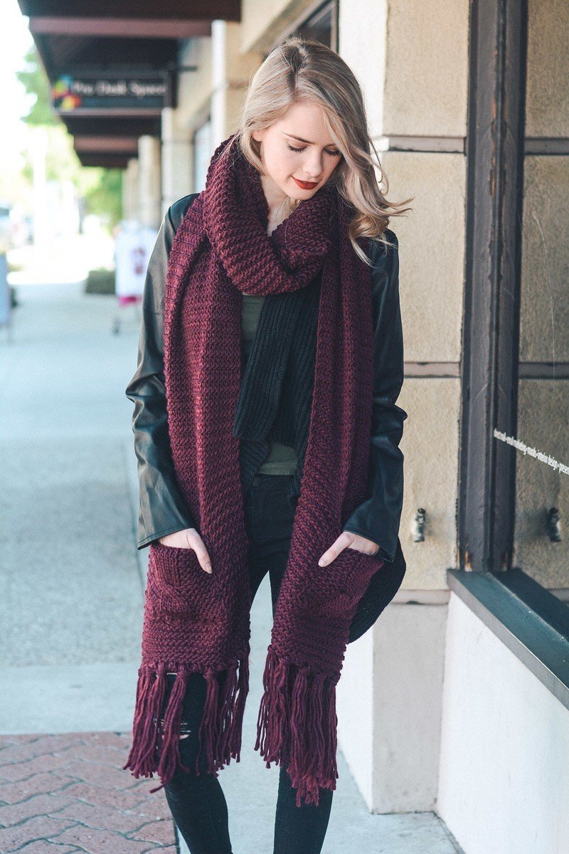 Mustard Yellow Long Knit Scarf with Pockets