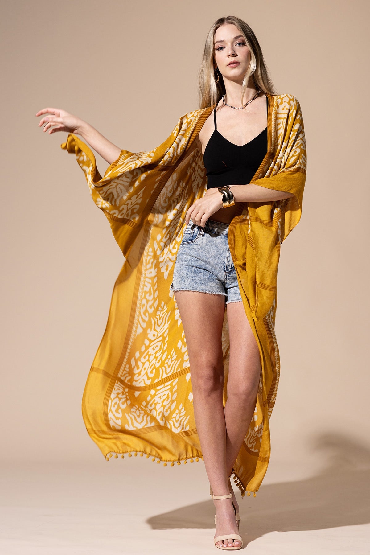 Mustard Yellow Long Kimono Duster with Damask Print