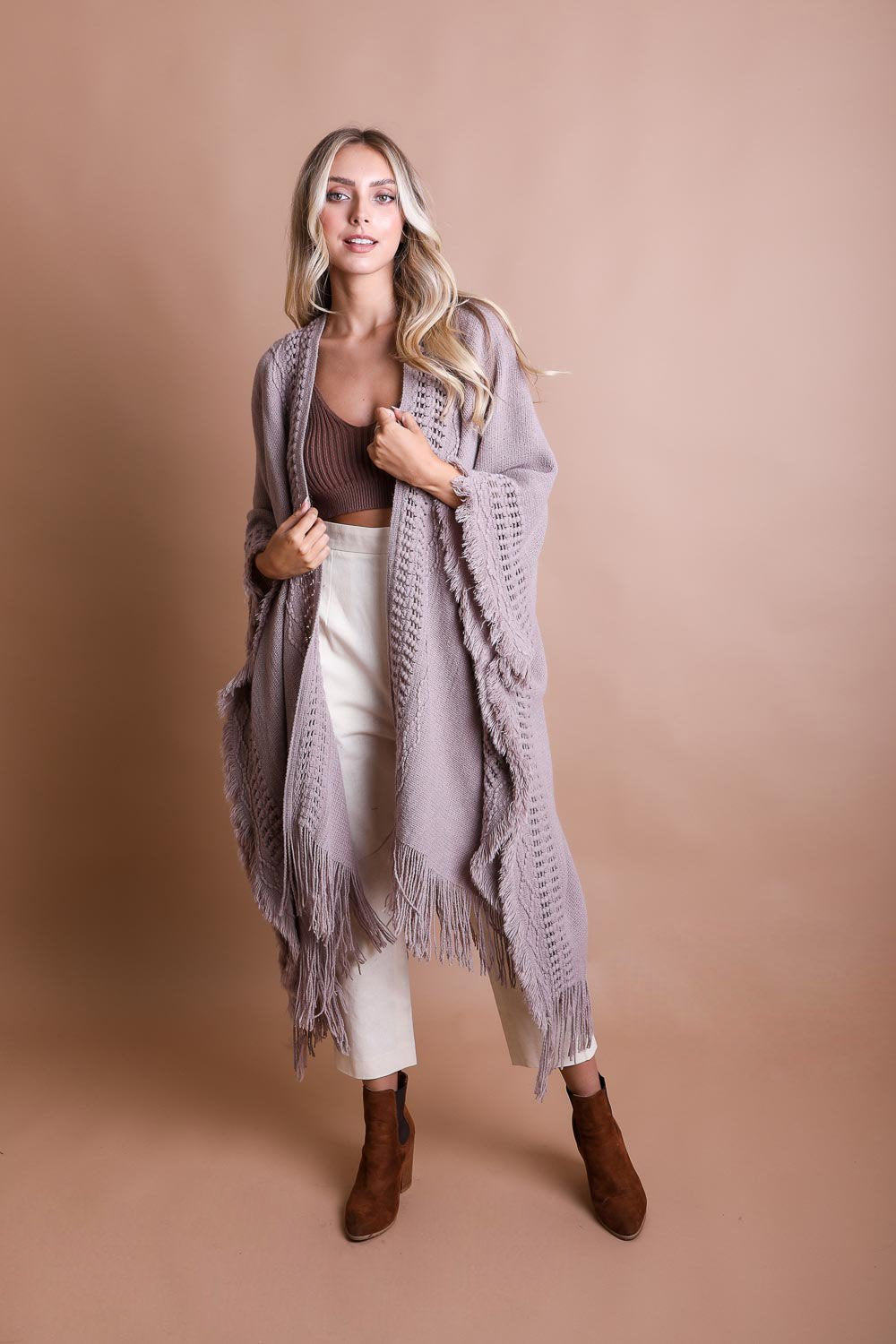 Open Work Frayed Border Ruana Poncho