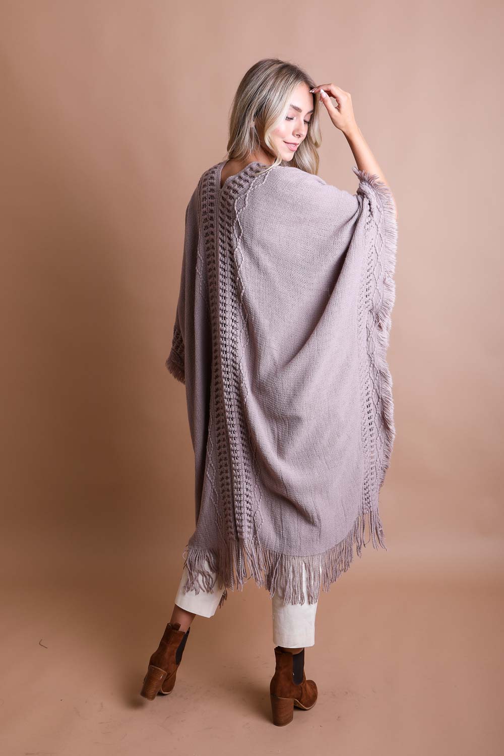 Open Work Frayed Border Ruana Poncho