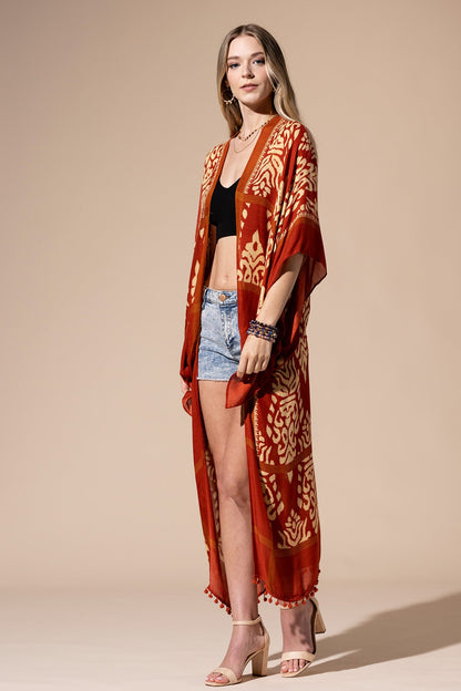 Rust Orange Long Kimono Cardigan with Damask Print