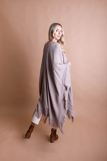 Open Work Frayed Border Ruana Poncho