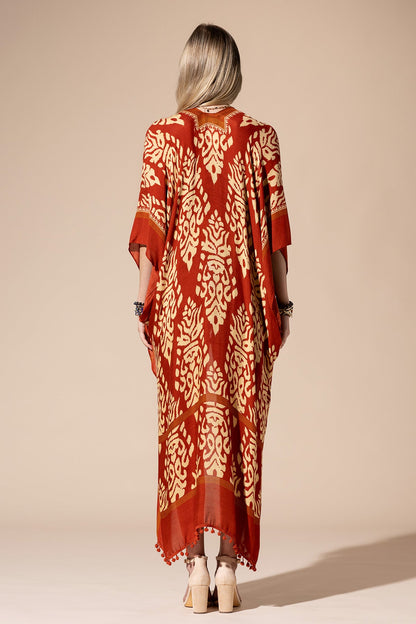 Rust Orange Long Kimono Cardigan with Damask Print