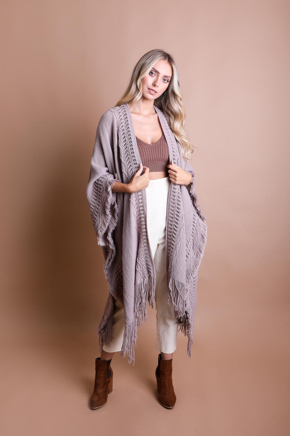 Open Work Frayed Border Ruana Poncho