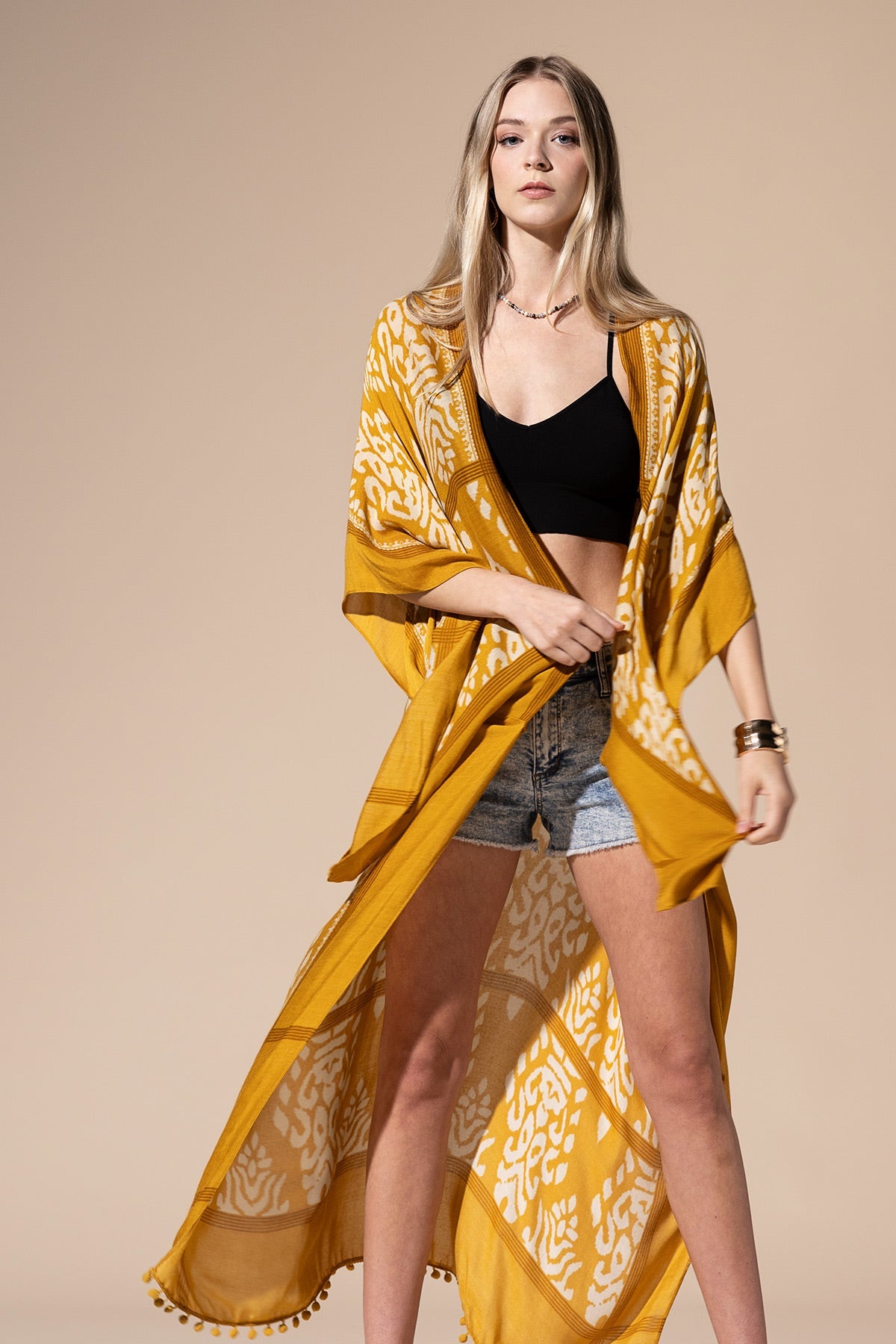 Mustard Yellow Long Kimono Duster with Damask Print
