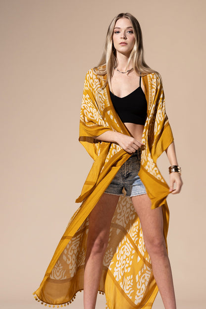 Mustard Yellow Long Kimono Duster with Damask Print