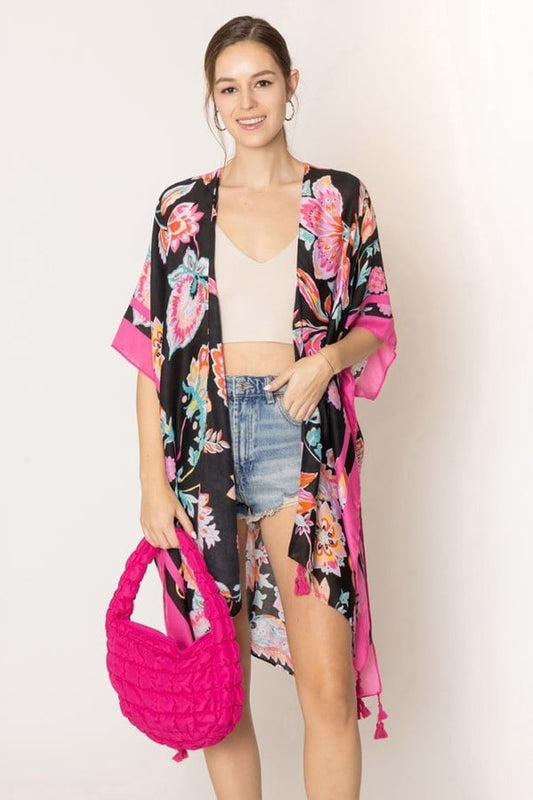 Black Floral Print Kimono Poncho