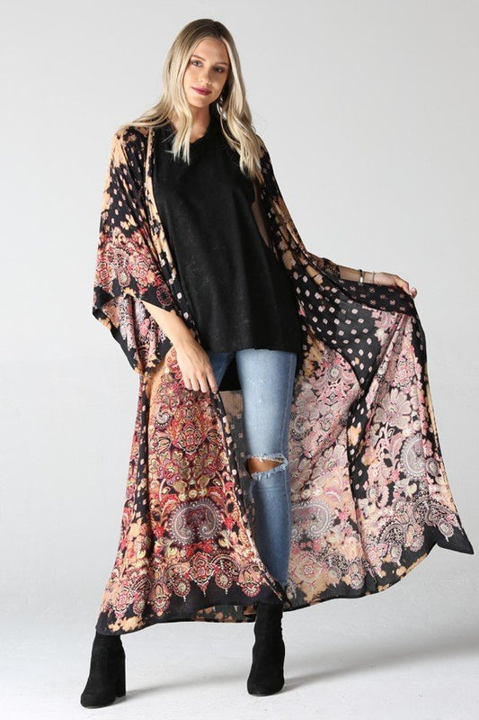 Black Floral Maxi Long Kimono