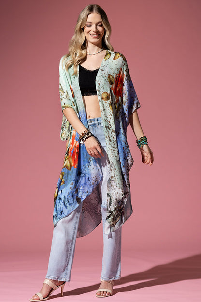 Kimono Cardigan with Bohemian Watercolor Flower Accents