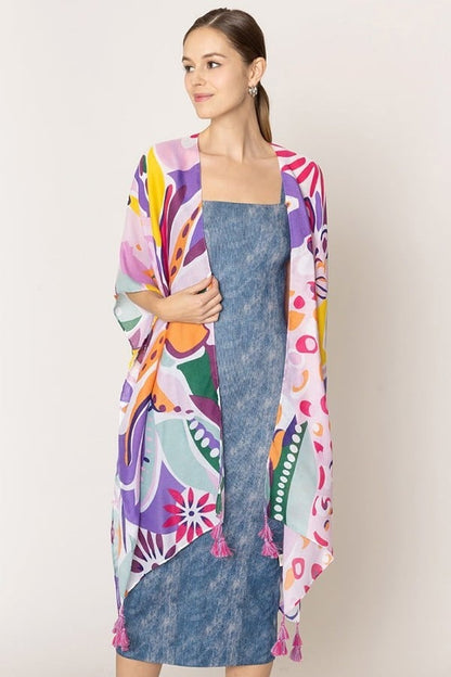 Tropical Floral Patterned Cover Up Kimono Poncho