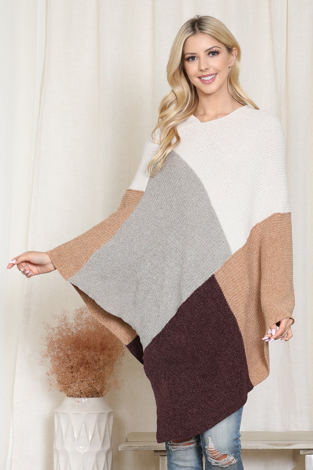 Colorblock Plaid Cardigan Poncho